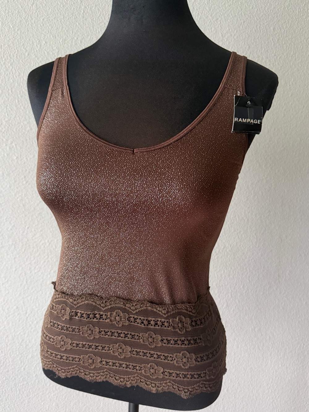 NWT Rampage Chocolate Brown Metallic Shimmer Lace Trim Tank Top Size Small Y2K